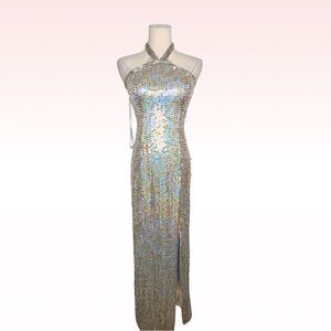 Y2k ADRIANNA PAPELL Iridescent Silver & Gold Sequin Halter Evening Gown (Sz 2)